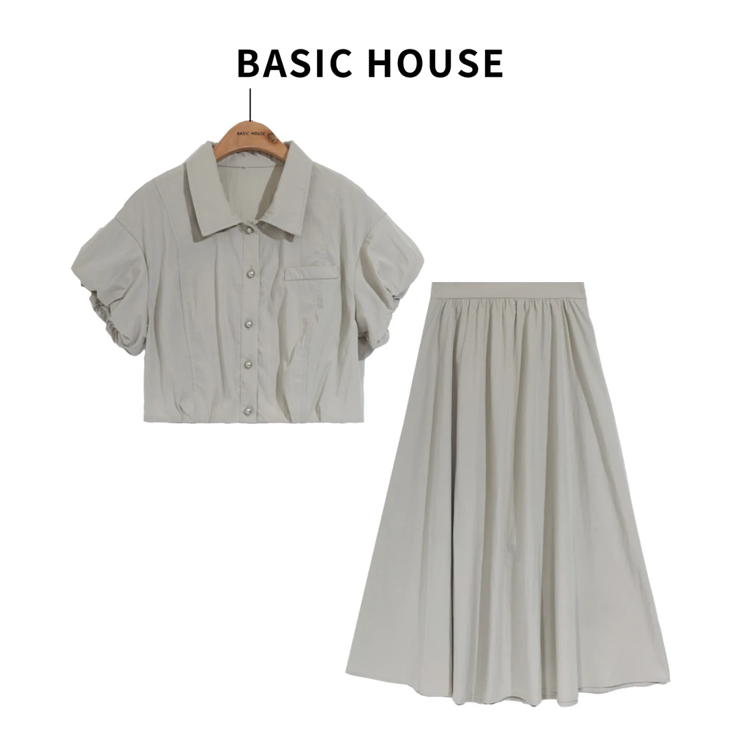 Basic House/百家好L显瘦气质高腰时尚休闲复古短袖半裙套装O742