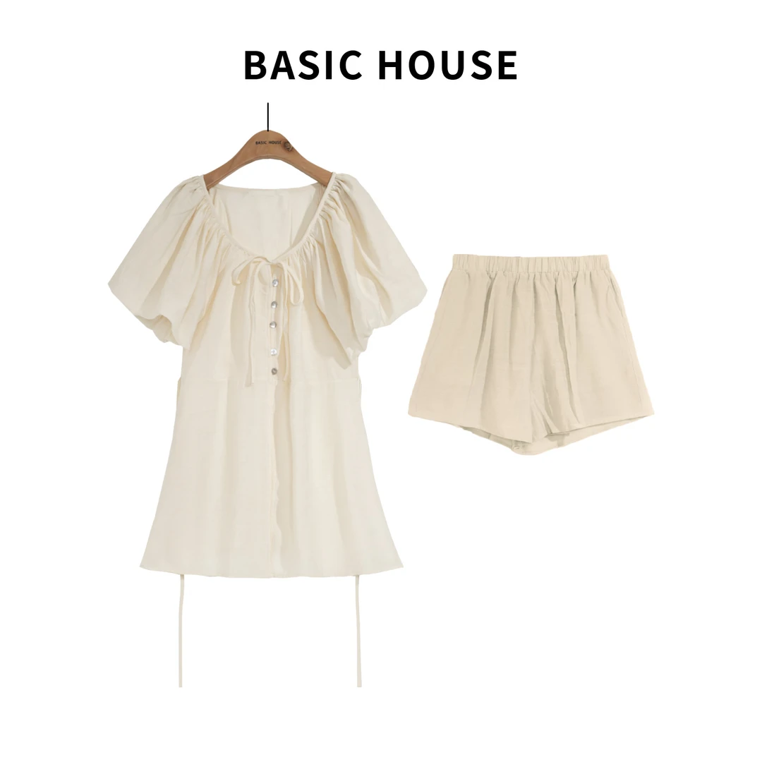 Basic House/百家好显瘦气质时尚休闲系带短袖短裤套装P352
