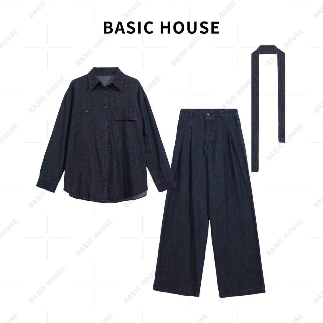Basic House/百家好复古长袖潮流气质宽松简约牛仔套装6542-1