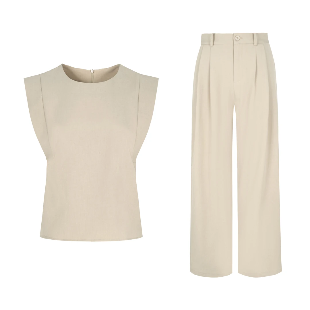 Basic House/百家好TS夏季气质时尚休闲显瘦无袖H形高腰套装3822