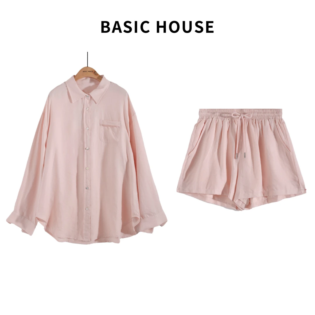 Basic House/百家好春季时尚休闲百搭简约宽松长袖衬衫套装F562