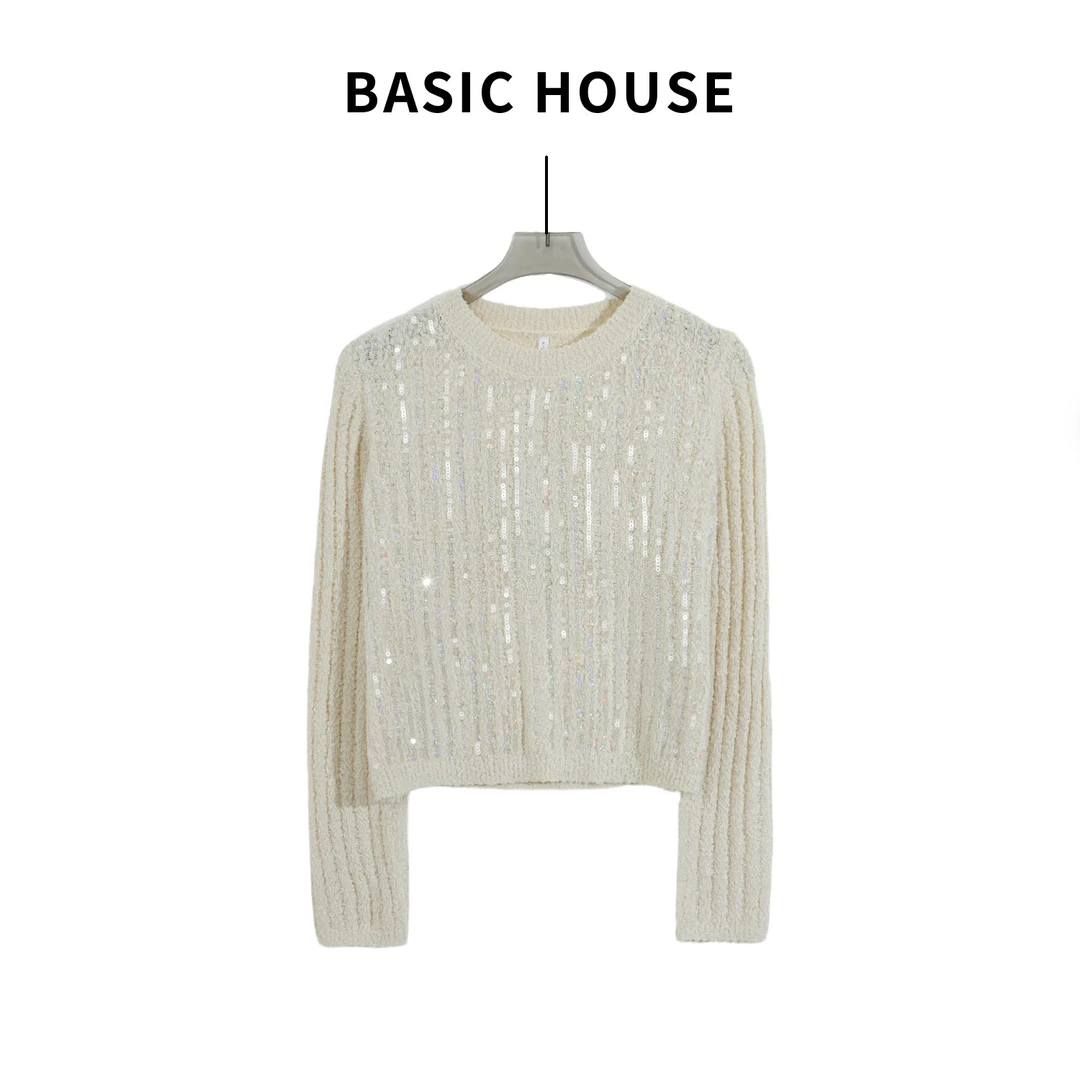 Basic House/百家好时尚百搭气质圆领套头两片长袖针织衫9092