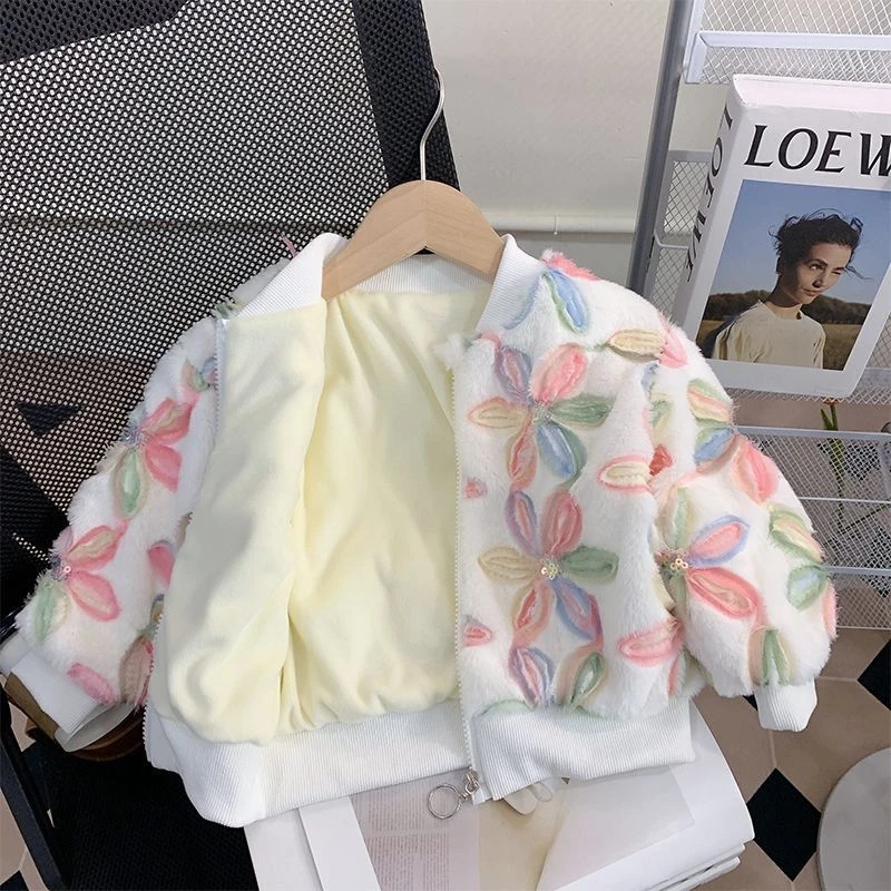 儿童2023花朵冬季女童新款加绒加厚保暖宽松毛毛上衣外套女宝宝潮
