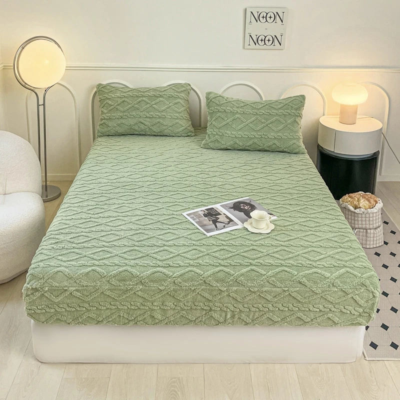 广奥2023新款加厚保暖塔芙绒床笠三件套豆绿