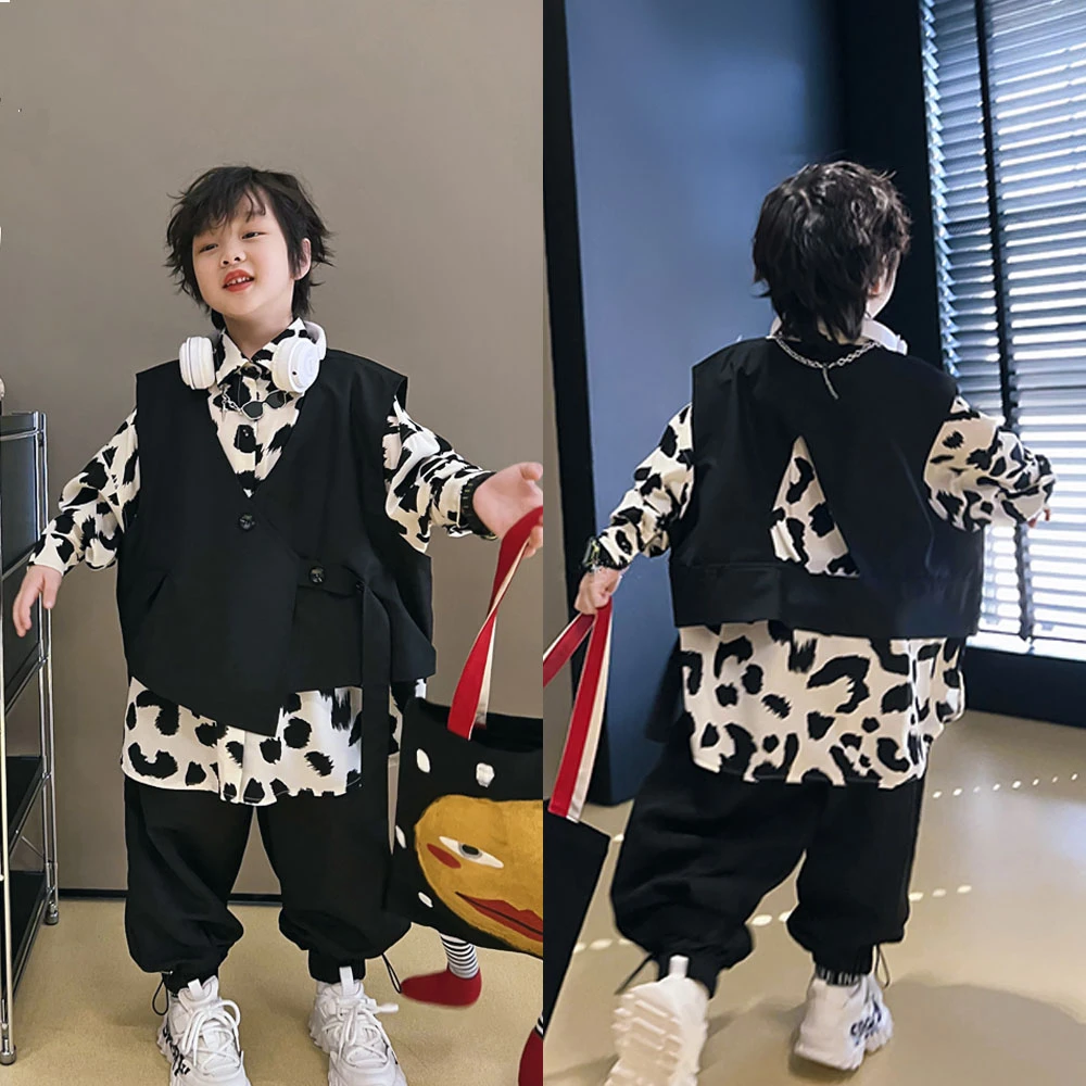 男童套装春秋款洋气宽松中大童秋季潮流豹纹长袖衬衫韩版儿童马甲