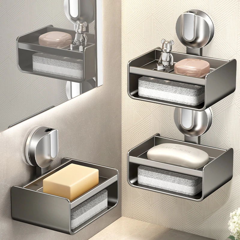 吸盘肥皂盒浴室免打孔壁挂式太空铝肥皂架卫生间香皂沥水盒香皂架