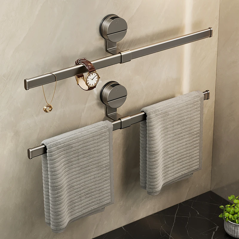 吸盘卫生间毛巾架免打孔双杆挂毛巾杆极简枪灰色单杆浴室置物架子