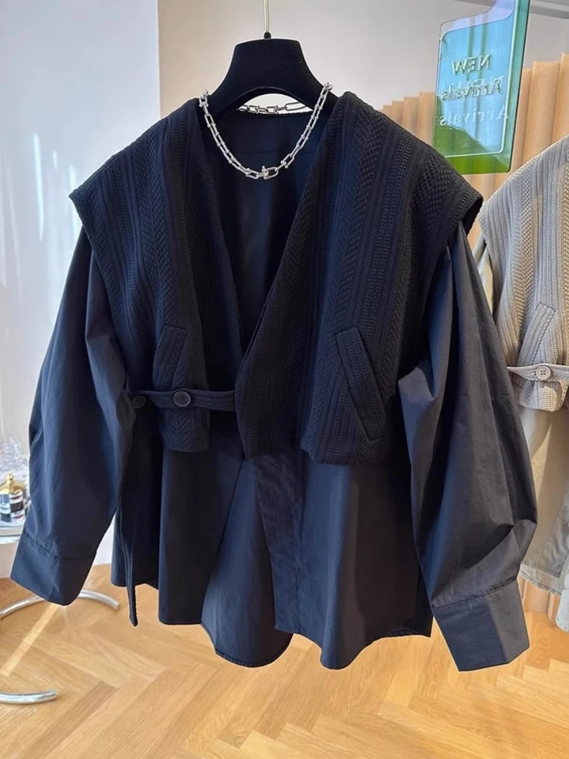 2023秋季针织俩件套马甲长袖衬衫女大码胖mm韩版宽松休闲显瘦上衣