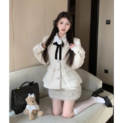 毛绒拼接毛呢外套富家千金套装女秋冬高腰毛边半身裙氛围感两件套