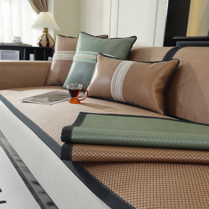 ins风冰藤沙发垫夏季凉席坐垫全包冰丝防滑沙发套罩欧式裙边座垫