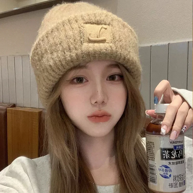 大头围帽子冬款女堆堆毛线帽可爱显脸小冷帽百搭米色宽松粗针织帽