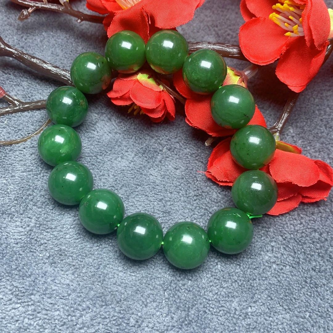 和田玉碧玉手串玉石手串圆珠菠菜绿佛珠14mm  珠宝玉石  单圈精美