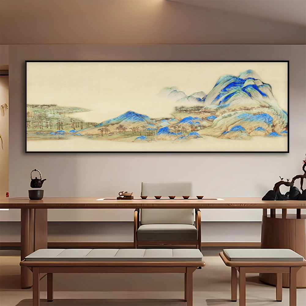 千里江山图挂画山水画新中式客厅装饰画沙发背景墙挂画带框山水画