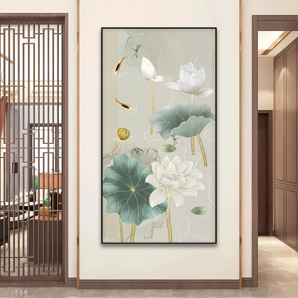 爱莲图玄关装饰画新中式荷花金鱼锦鲤挂画入门竖版走廊过道墙壁画