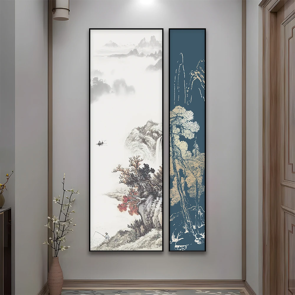 新中式入户玄关禅意装饰画走廊楼梯过道挂画茶室水墨书法青山绿水