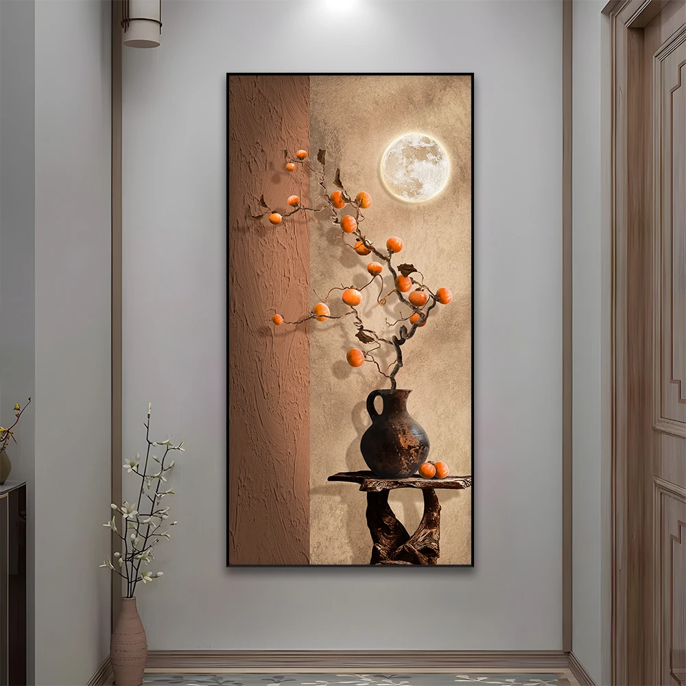 柿柿如意新中式入户玄关装饰画客厅背景墙挂画好寓意走廊过道壁画