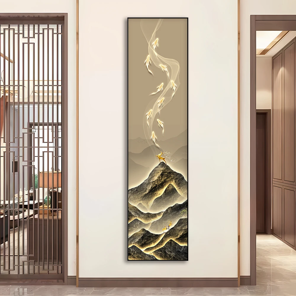 进门九鱼图窄长条玄关装饰画正对门竖版壁画入户走廊尽头过道挂画