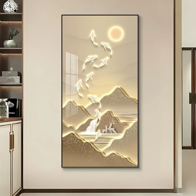 金山九鱼图入户玄关装饰画客厅走廊过道挂画新款大气进门竖版壁画