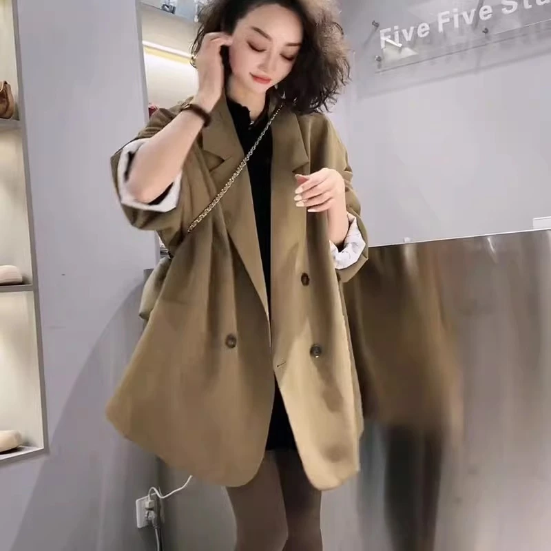 欧货气质休闲西装外套女2025年春秋新款宽松时尚中长款双排扣西服
