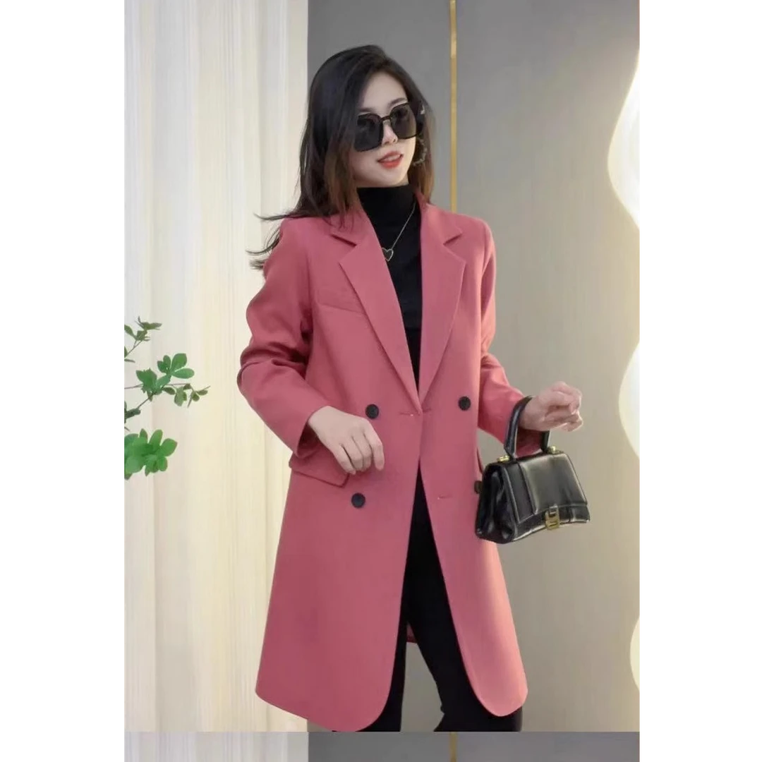 小西装外套女秋季2024新款休闲高级感中长款复古粉紫色西服风衣女