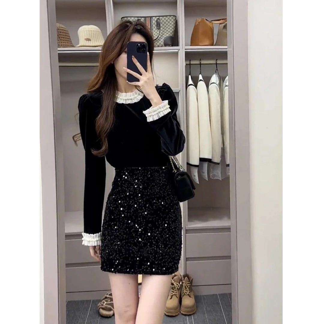 韩系高级感亮片短裙女秋冬2024新款黑色显瘦A字包臀裙半身裙子女