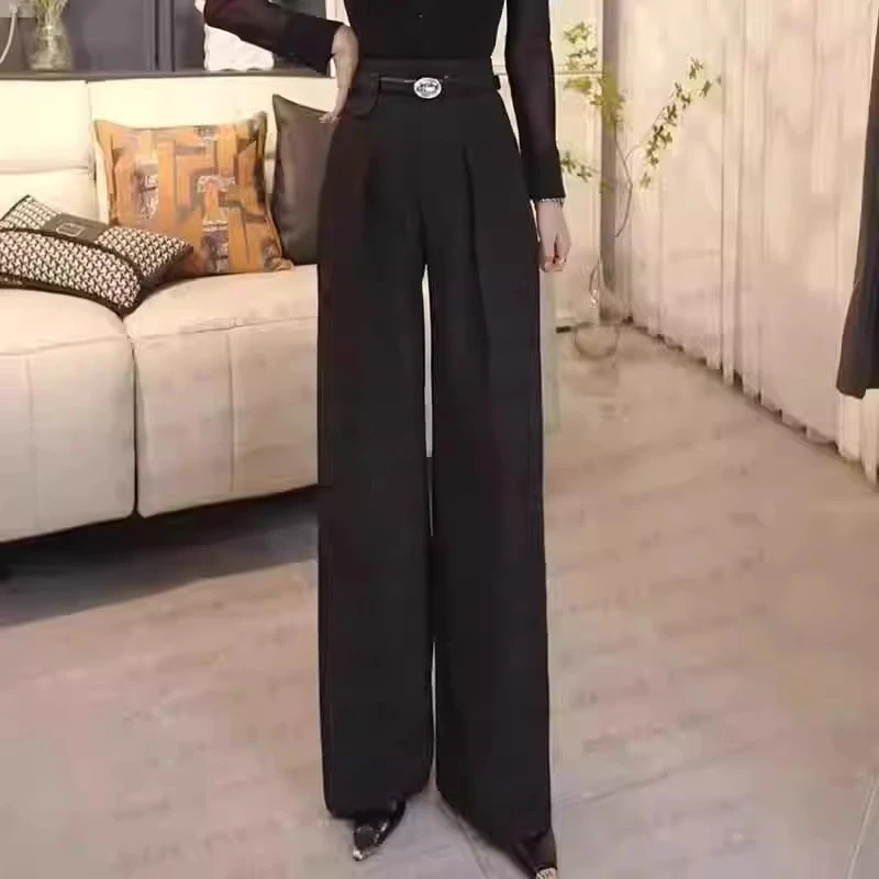 姿萱2024秋季新款韩版休闲阔腿裤高腰气质腰带百搭显瘦显高拖地裤