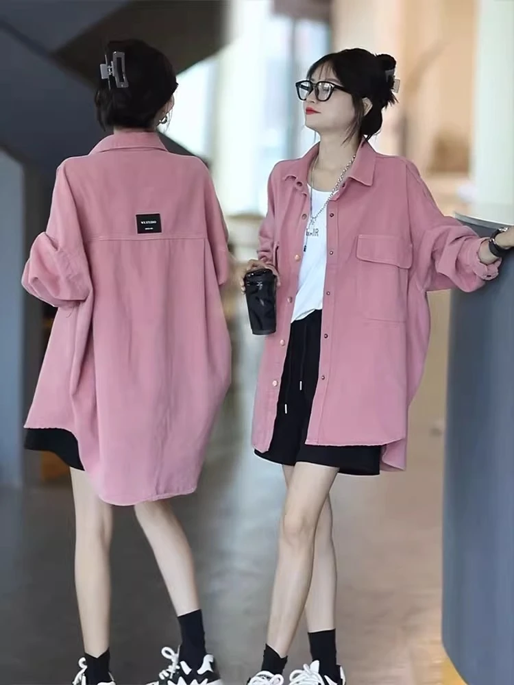 复古港风牛仔衬衫外套女薄款春秋2024新款休闲宽松显瘦中长款上衣