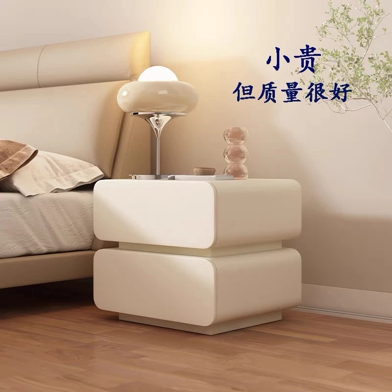 智能带灯床头柜奶油风简约创意实木床头柜卧室轻奢高级感悬浮柜子
