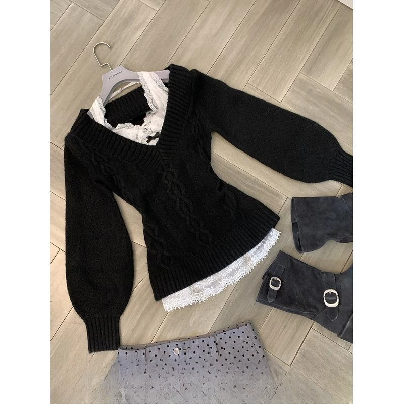 轻奢超火的 【邂逅暮色】黑色收腰v领毛衣女秋季设计感针织上衣