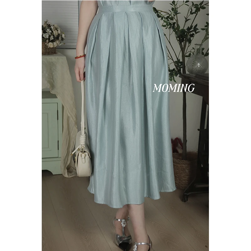 MOMING夏季新品 茉莉素心 高级感珠光手工打褶立体感A字半身裙