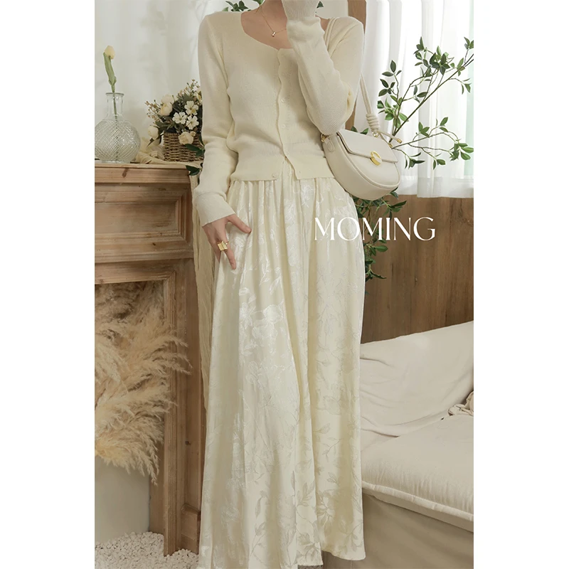 MOMING秋季新品 黑水仙 法式复古贵气提花松紧腰半身裙