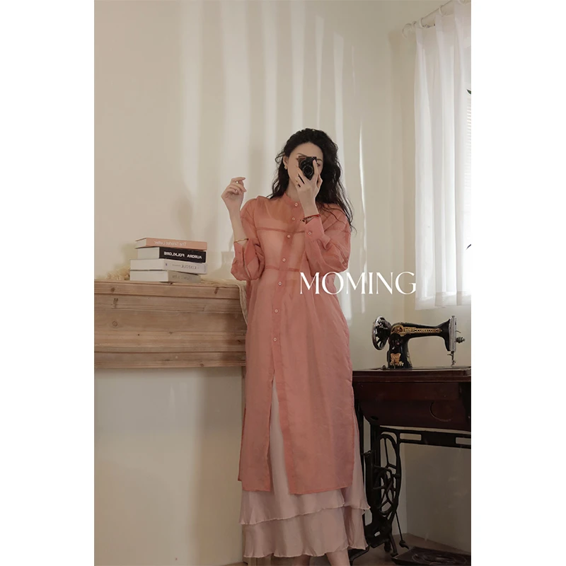 MOMING春季新品 墨山繁花 长款透视立体袖廓深开衩设计衬衫裙