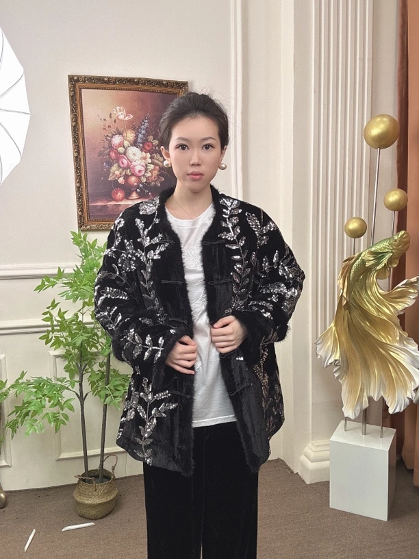 【一潮家】92239-1 新中式时尚气质 重工亮片大气小花叶棉服