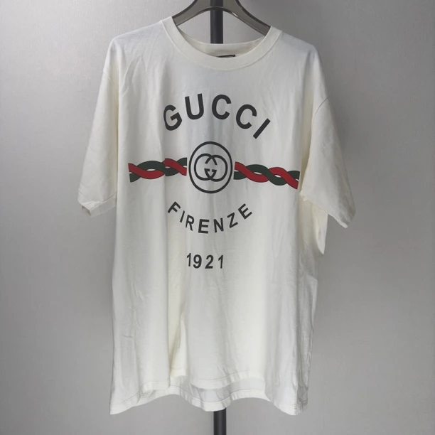 全新未使用GUCCI古驰 1921系列红绿条纹印花logo短袖白色 宽松