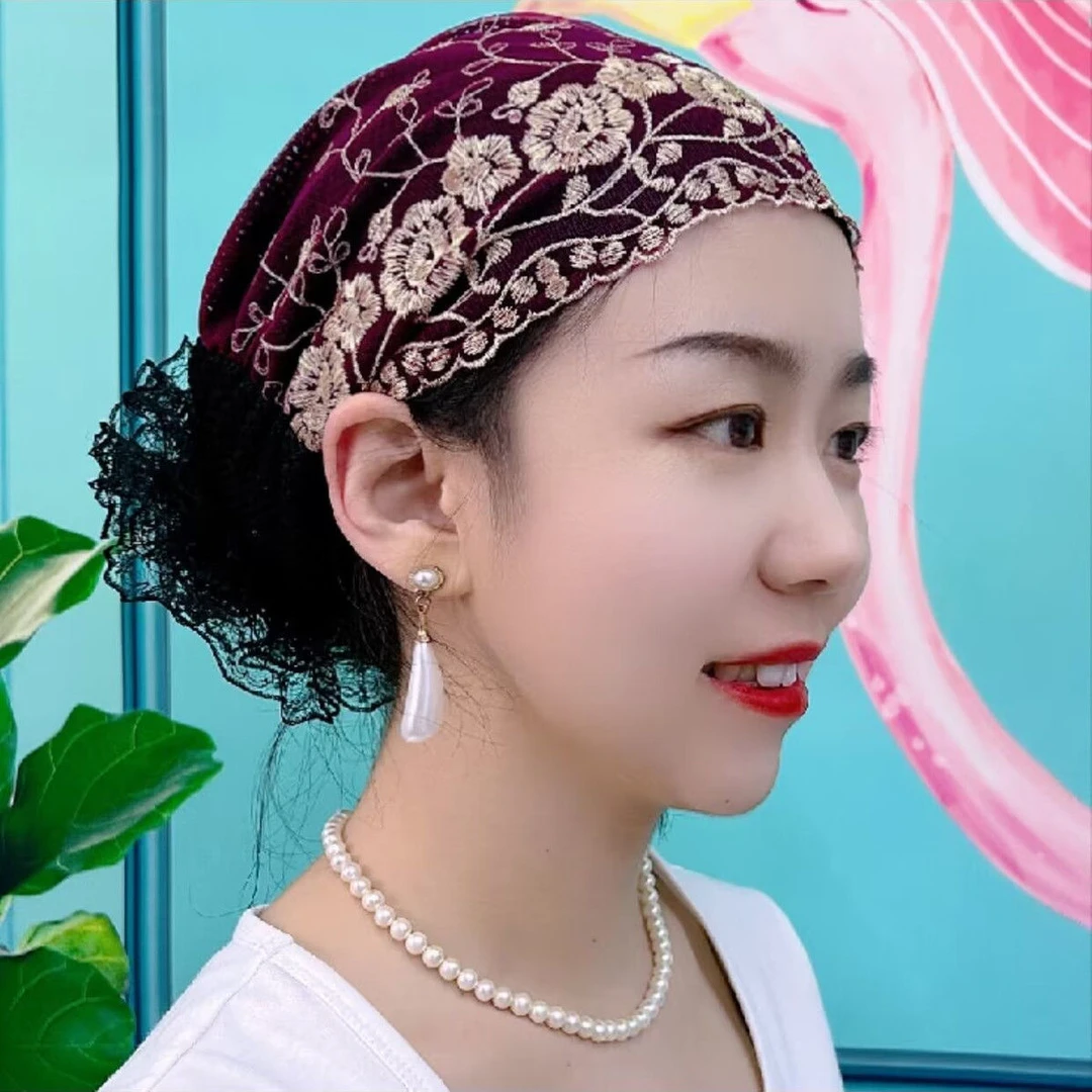 新款网红百搭绣花遮白发包头帽时尚有气质女士盘发帽子女款头巾帽