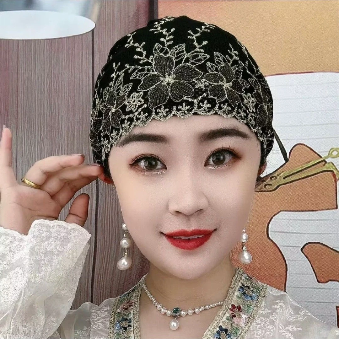 夏季新款花朵刺绣家居碎花大花朵盘花帽树叶洋气百搭薄款包头帽女