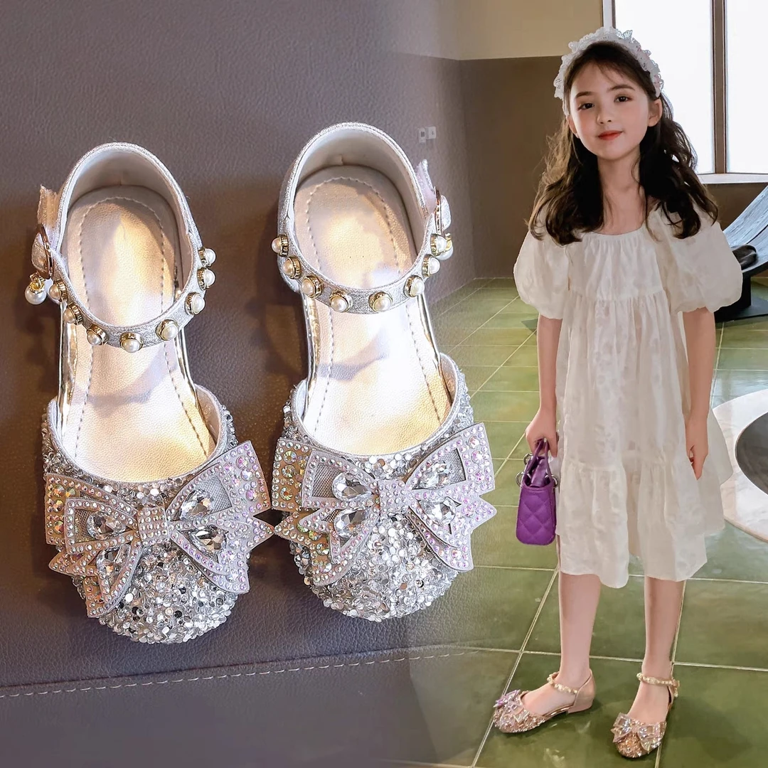 女童公主鞋软底儿童凉鞋小女孩舞蹈演出水晶鞋子蝴蝶结包头宝宝鞋