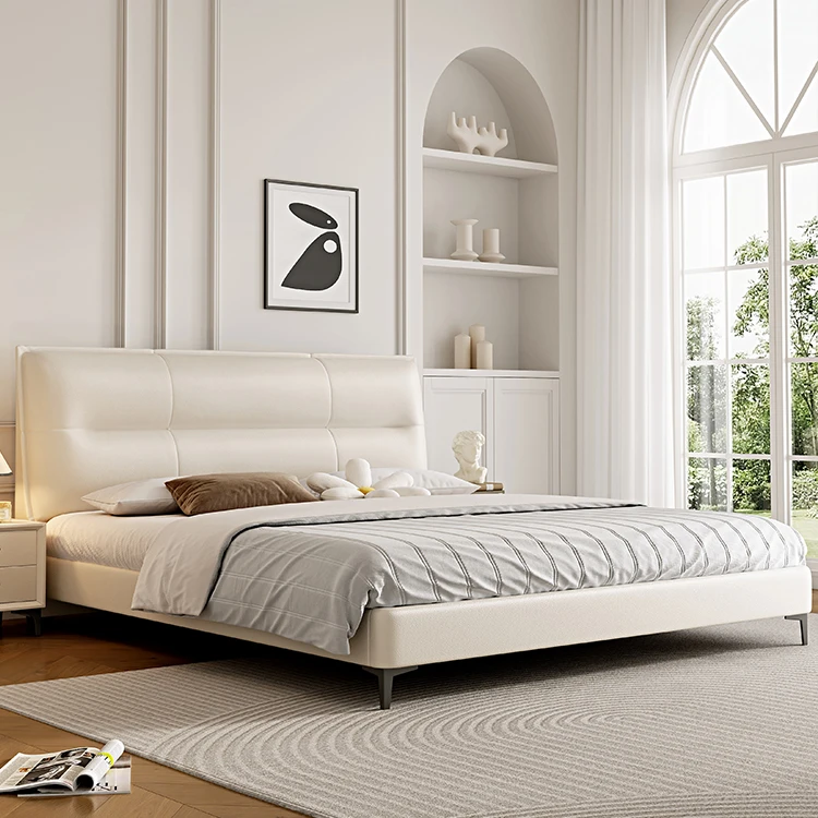 现代轻奢头层牛皮床全实木框架现代简约家用小户型软包床