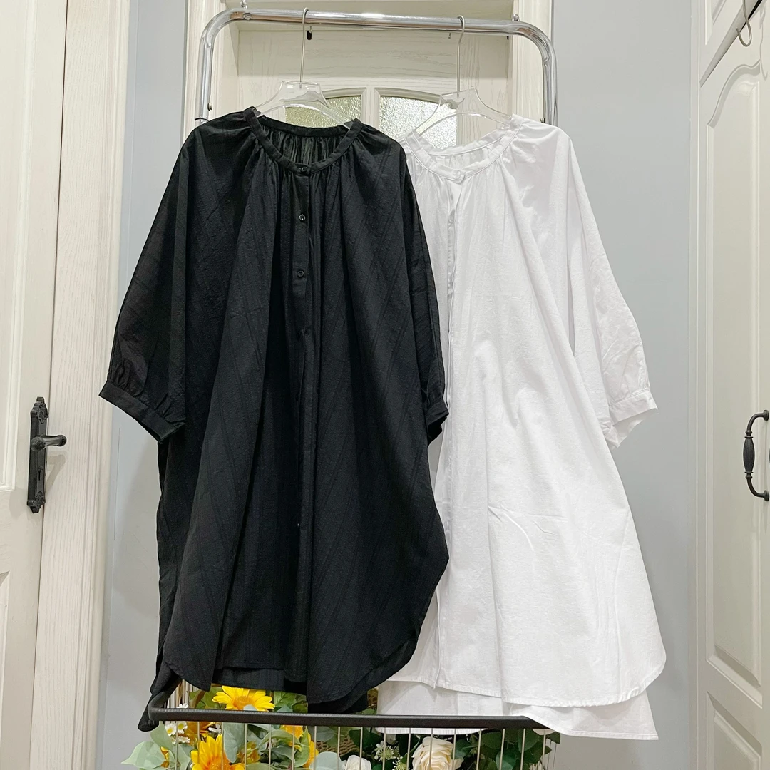 日韩宽松显瘦百搭圆领开衫中长款衬衫秋衬衫显瘦复古七分袖衬衫女