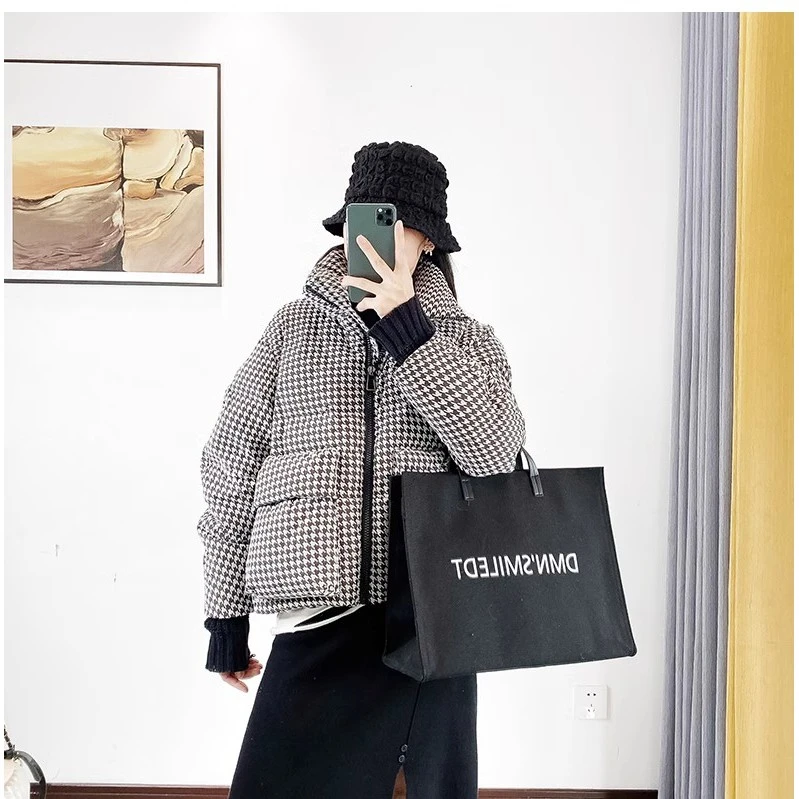 2024年新款千鸟格保暖棉服女冬短款设计感小个子棉袄加厚棉衣外套