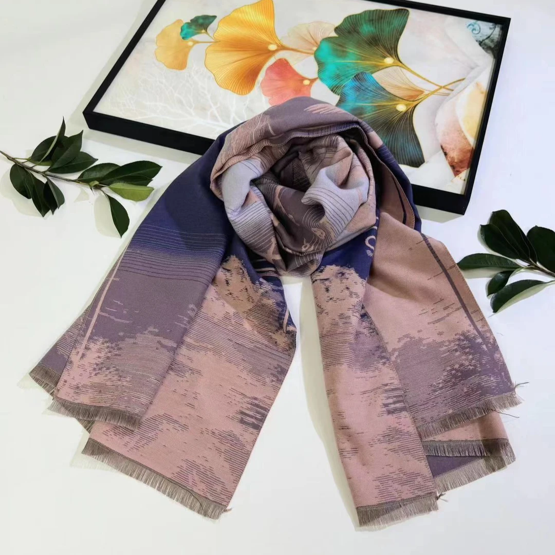 【粉色祥云】羊绒围巾180*65时尚百搭双面经典渐变印花格子厚围巾