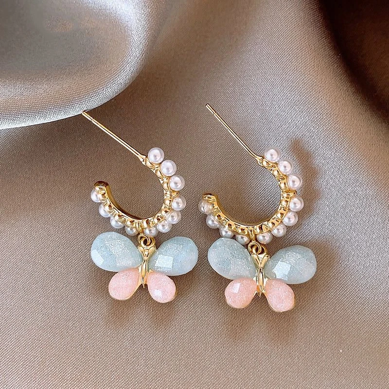 925银针蝴蝶拼色耳环女轻奢高级感耳钉2025新款小众独特气质耳饰