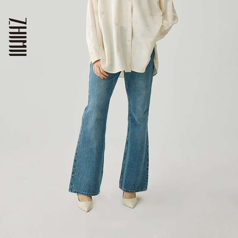 【ZHIMII】2024春夏深牛仔蓝裂纹水洗牛仔中腰喇叭休闲长裤女