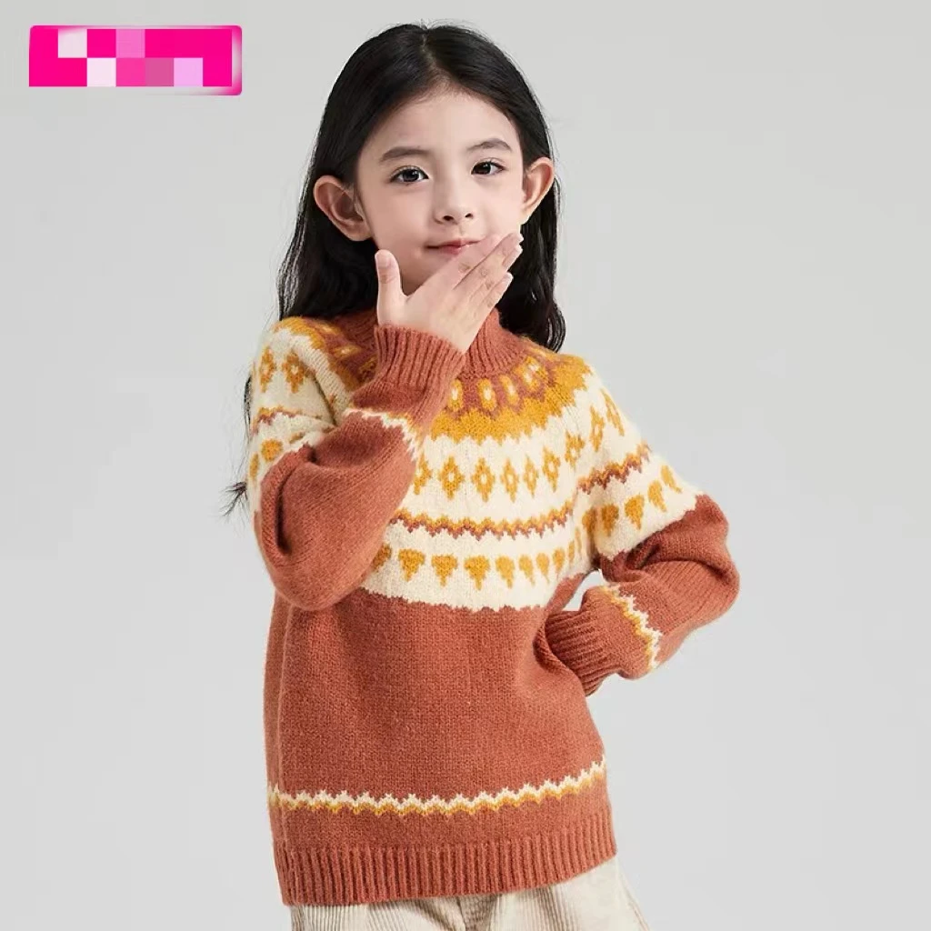 HQ 笛家毛衣2023冬季新款北欧复古风女童针织衫套头洋气圆领