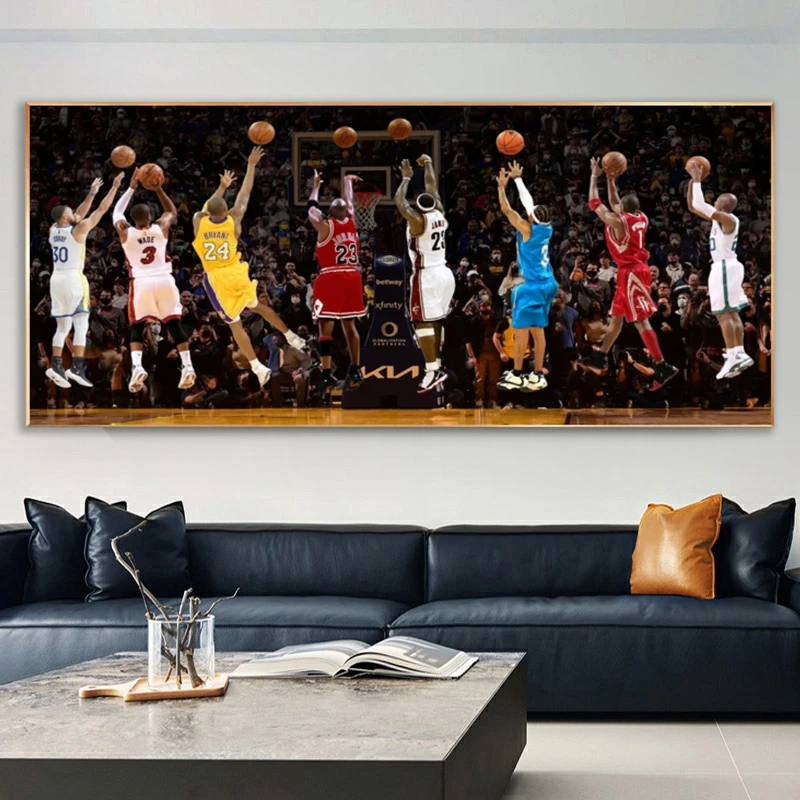 高级感NBA球星装饰画科比乔丹詹姆斯艾佛森库里篮球馆挂画众星投