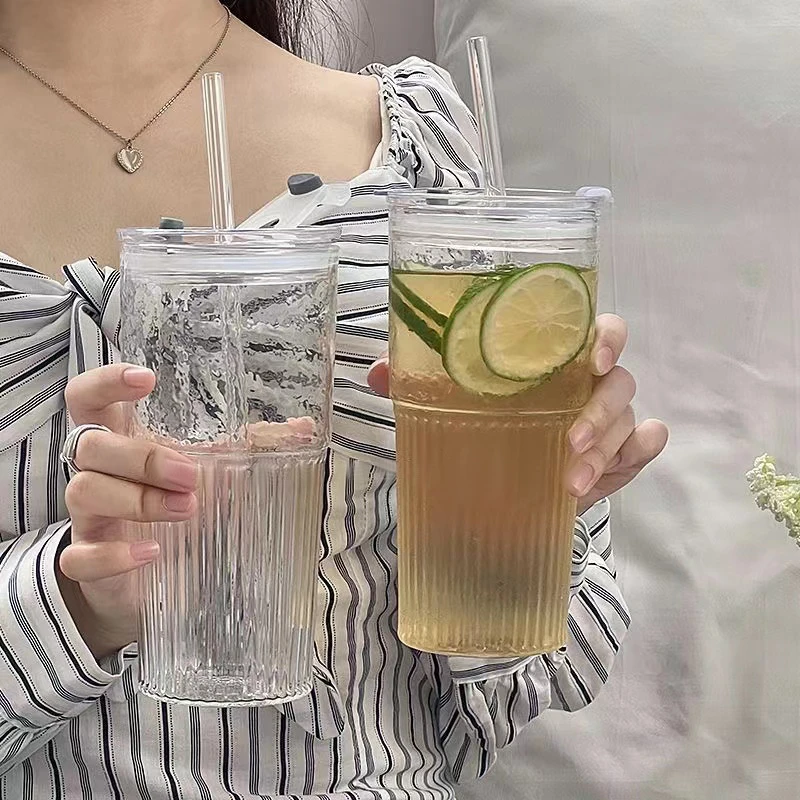 高硼硅耐热杯子女ins风 水杯办公室吸管玻璃杯耐高温大容量冰川纹