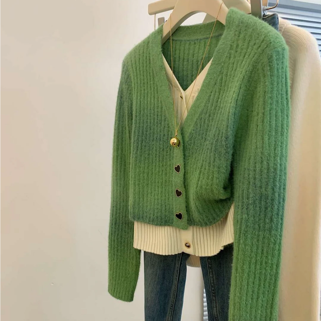 绿色拼接假两件v领针织毛衣2024秋季新款百搭气质慵懒风内搭上衣