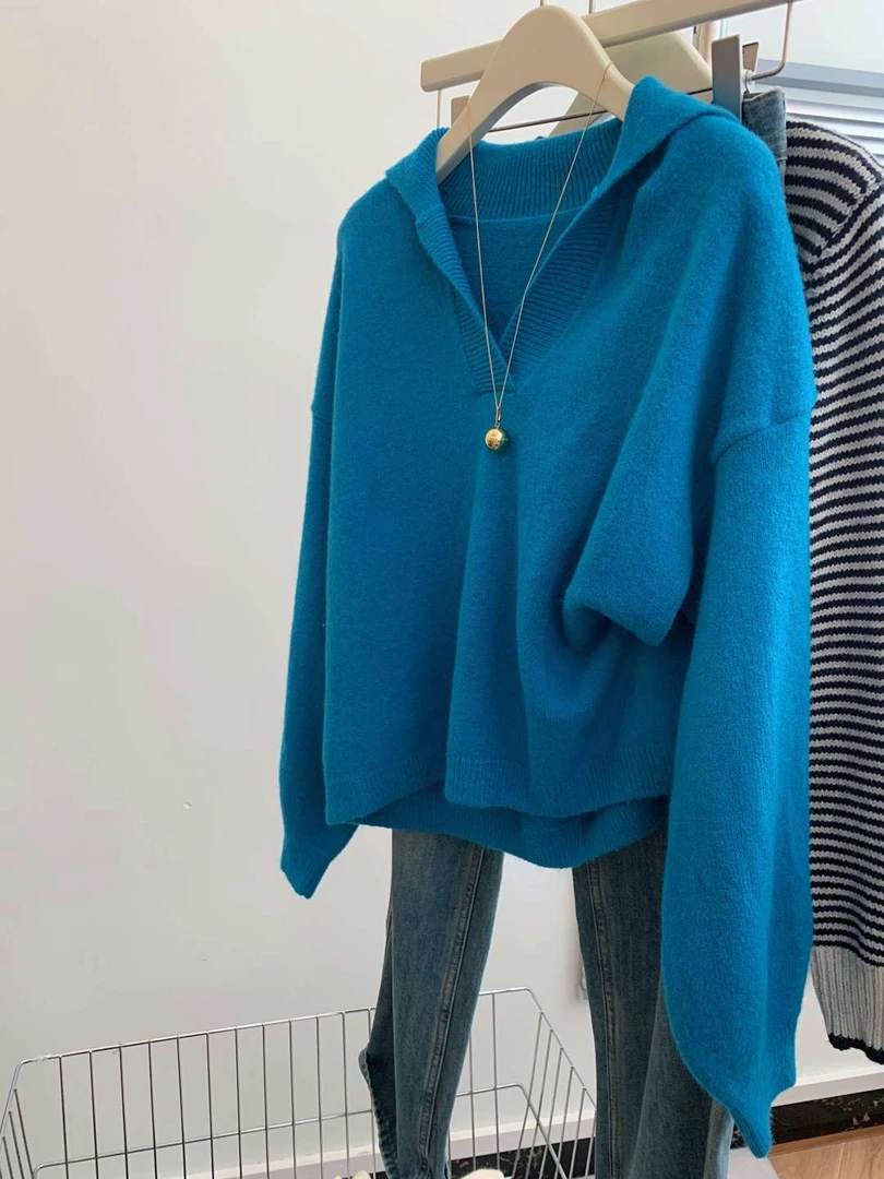 韩系穿搭好显白的蓝毛衣外套2024秋冬新款百搭减龄内搭针织衫上衣