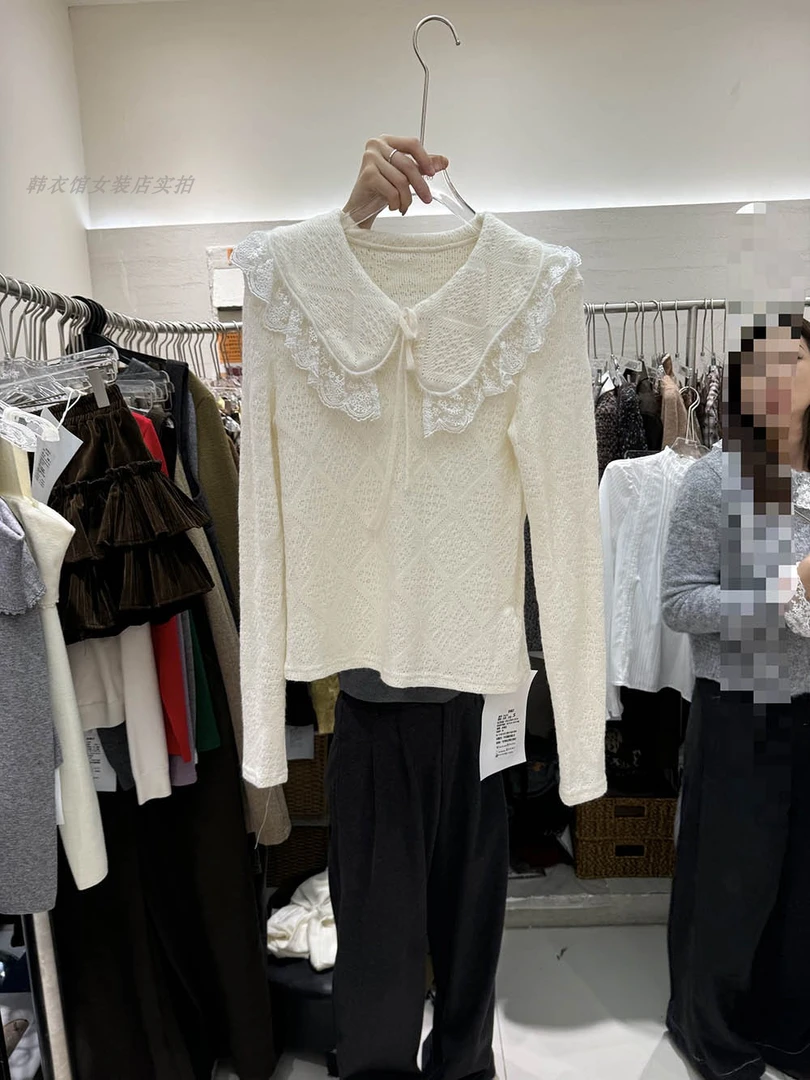 甜美法式娃娃领拼接蕾丝针织衫女2024秋冬新款洋气修身内搭上衣