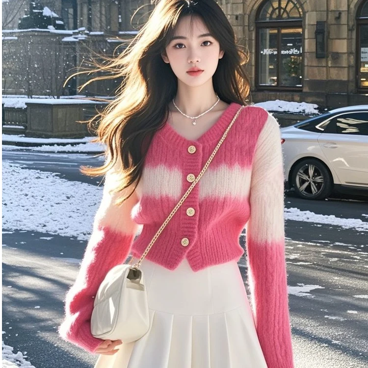2024冬季韩系轻奢风粉色毛衣V领高级感小众显白超级好看针织上衣